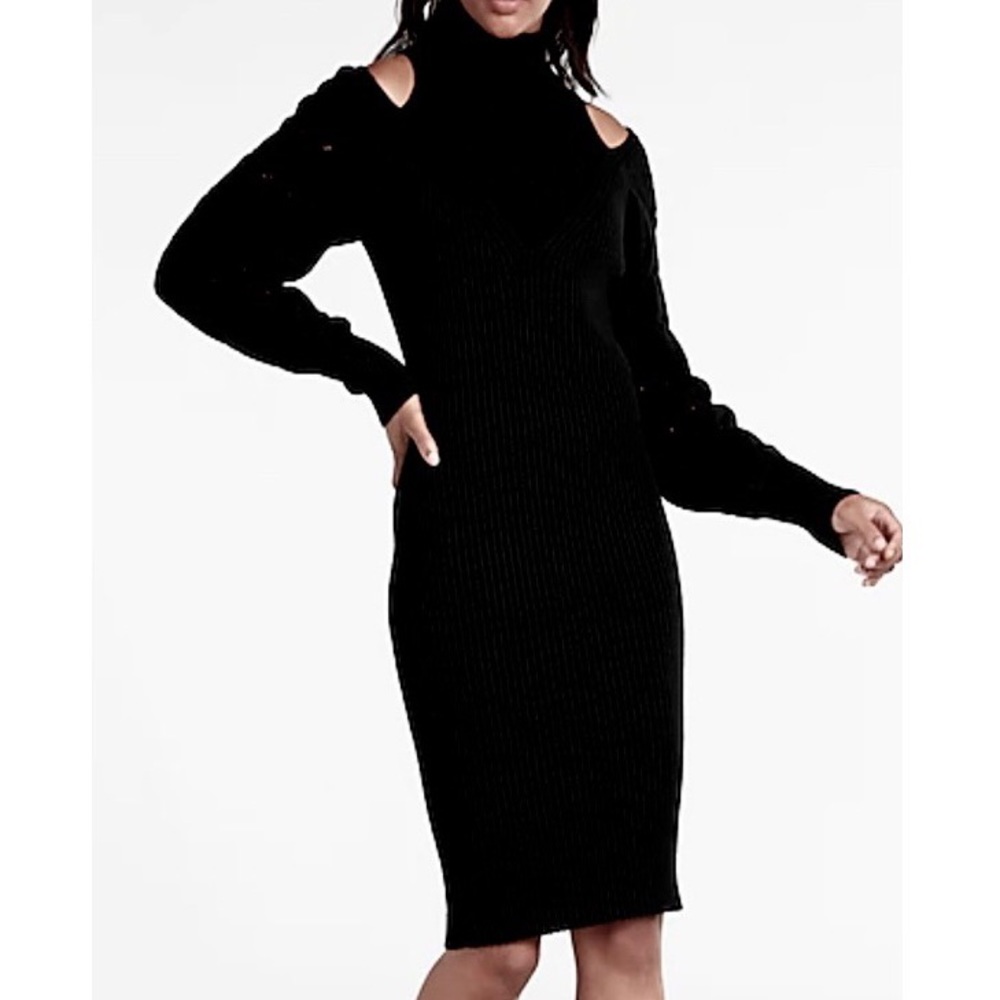 Black High neck cut shoulder mini sweater dress